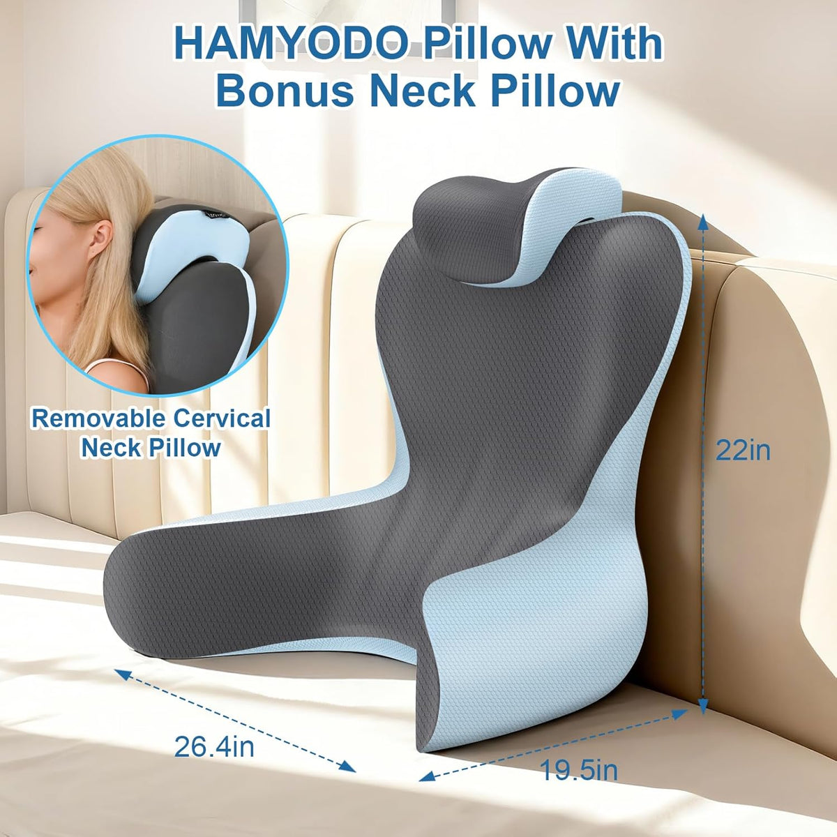 22" XL Reading Pillow Sitting in Bed,Back Support & Armrests(Grey & Blue)