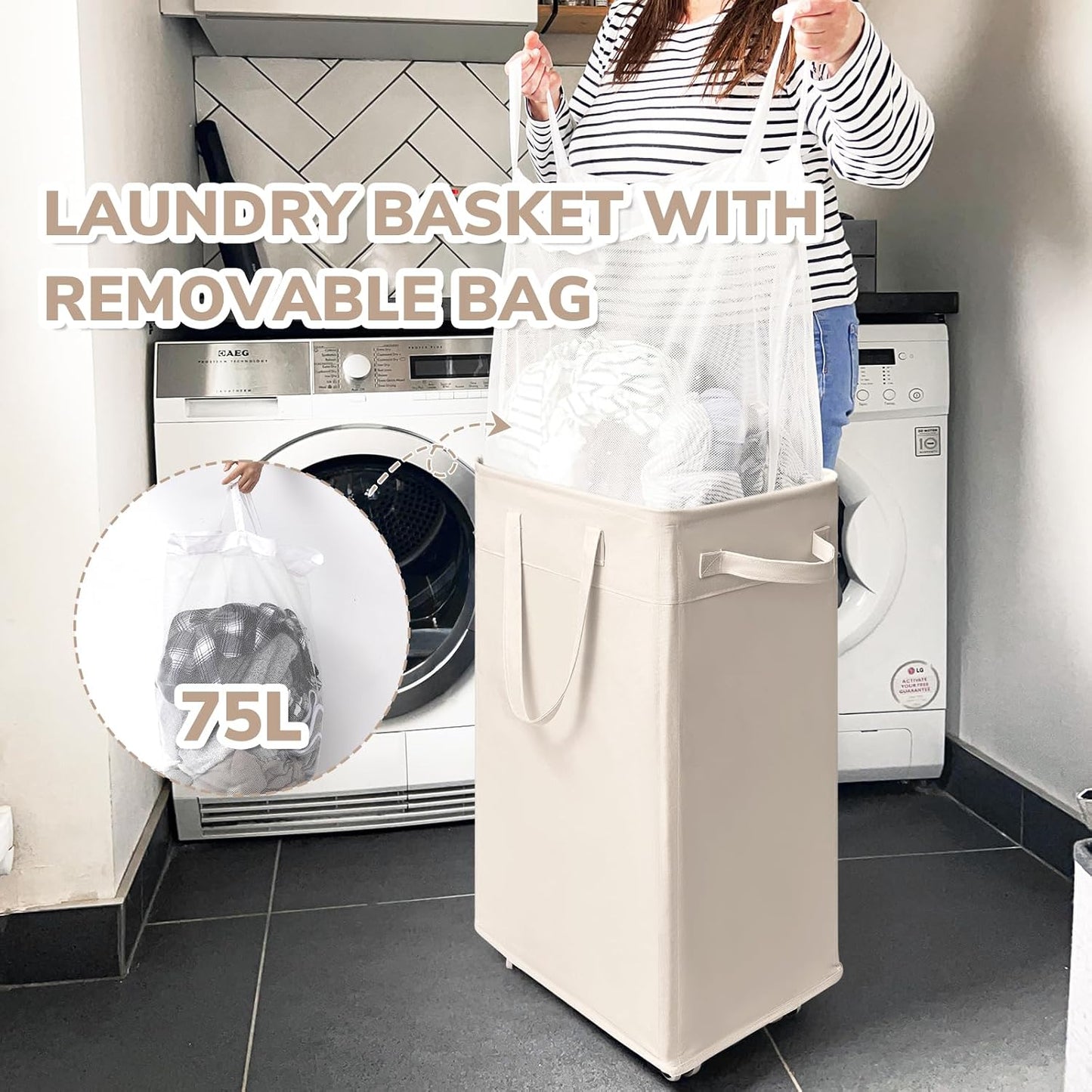 CHICVITA 75L Large Rolling Laundry Basket with Wheels & Wash Bag, Grey | Collapsible design saves space for corner dorms. Removable wash bag for easy laundry transport