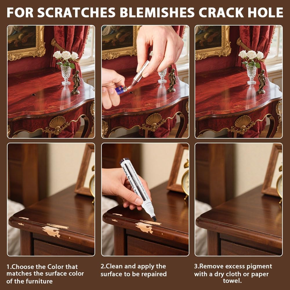 Furniture Repair Kit Wood Markers - 13 Markers & Wax Sticks with Sharpener | Fix Wood Scratches & Stains, Touch-up Kit for Floors, Tables, Desks, Bedposts, Fit for All Furniture Surface Repairs Cover Up