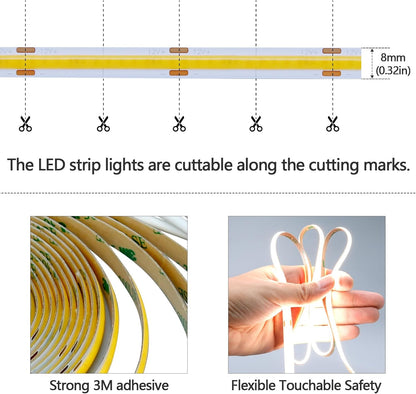 GOMING Motion Sensor COB LED Light Strip 16.4ft(5M) Cool White 6000K | 3 Lighting Modes 3 Timing Off Modes 3 Brightness Modes with Power Adapter for Kitchen Cabinets Stair Showcase Bedroom Bed
