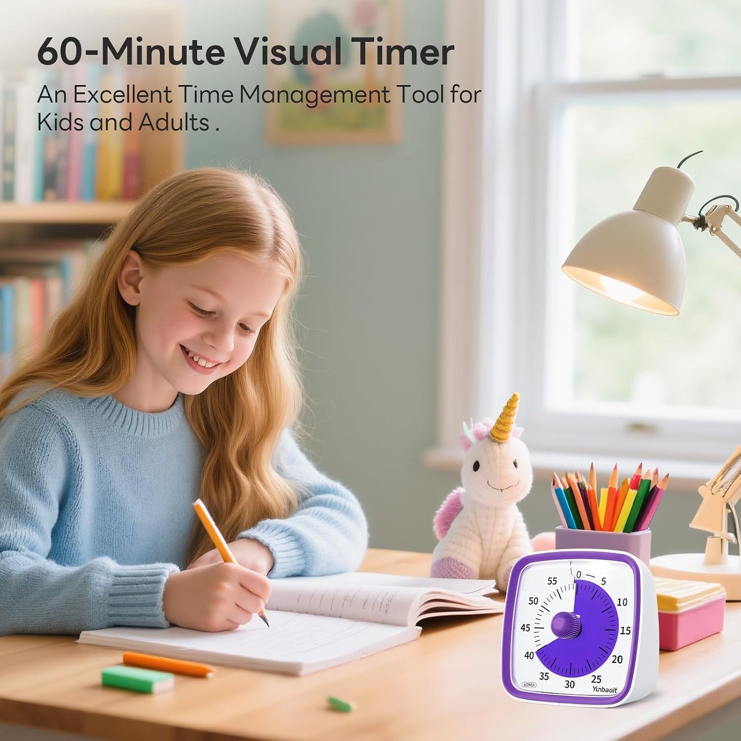 Yunbaoit Visual Timer with Night Light, 60 Minute Countdown, Light Blue | 3 Alarm Modes, Mute Flash, for Kids and Adults, Time Management Tool for Classroom, Home, School, and Work