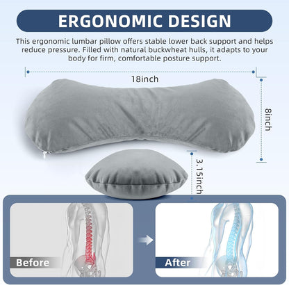 Buckwheat Lumbar Support Pillow for Bed Sitting and Couch Support, Firm Ergonomic Back Pillow for Lower Back Pain Relief, Small Natural Back Support Pillow Recliner Pillow