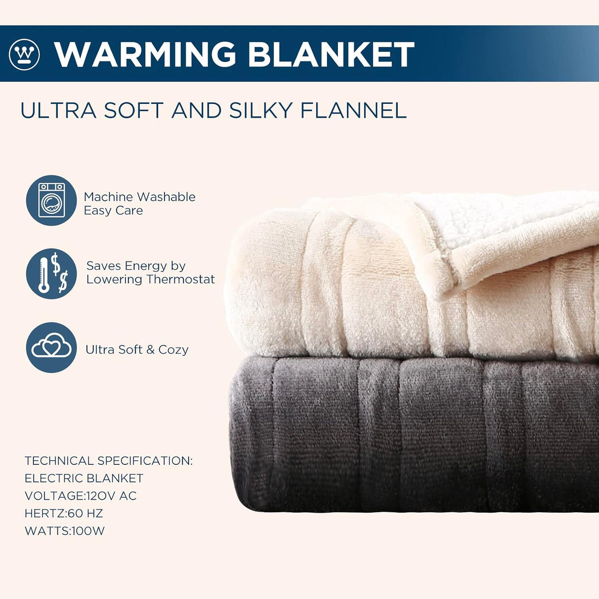 Westinghouse Heated Throw Blanket, 50"x60", Charcoal, ETL Certified