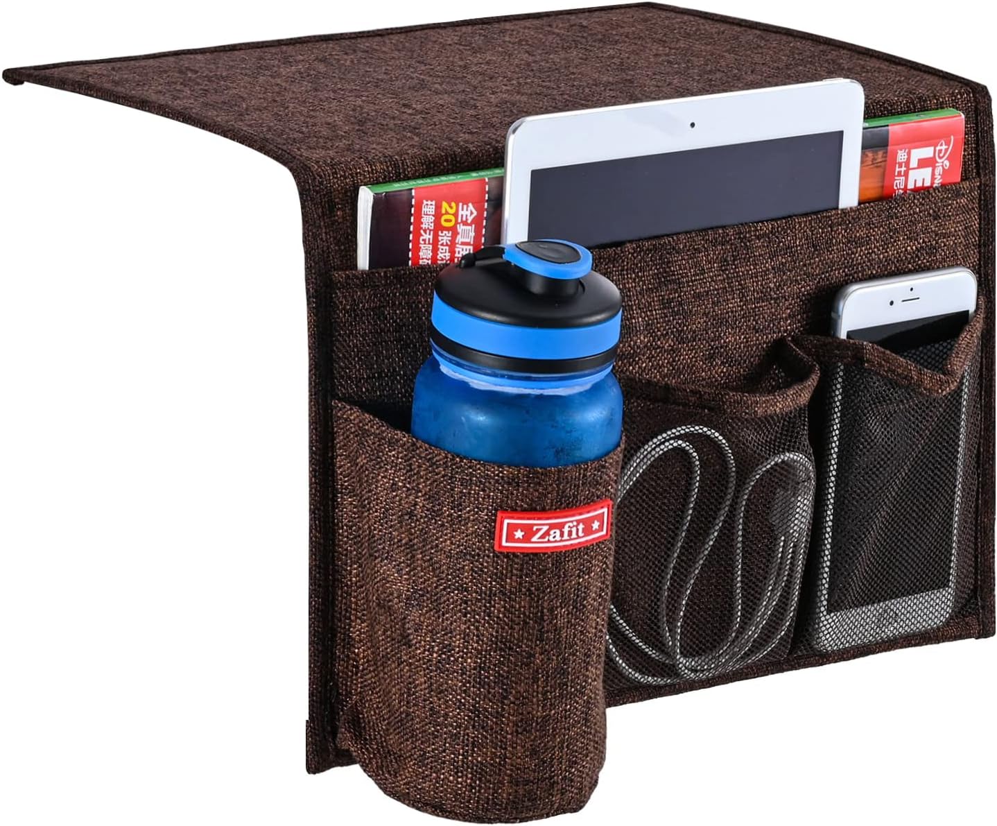 Zafit Linen 4 Pockets Bedside Caddy, Bedside Storage Organizer for Magazine, Remotes, Phone (Beige, Classic 4 Pockets)