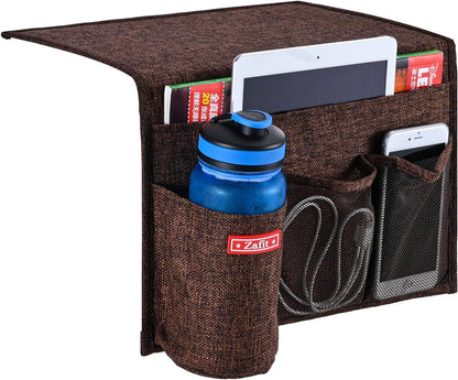 Zafit Linen 4 Pockets Bedside Caddy, Bedside Storage Organizer for Magazine, Remotes, Phone (Beige, Classic 4 Pockets)