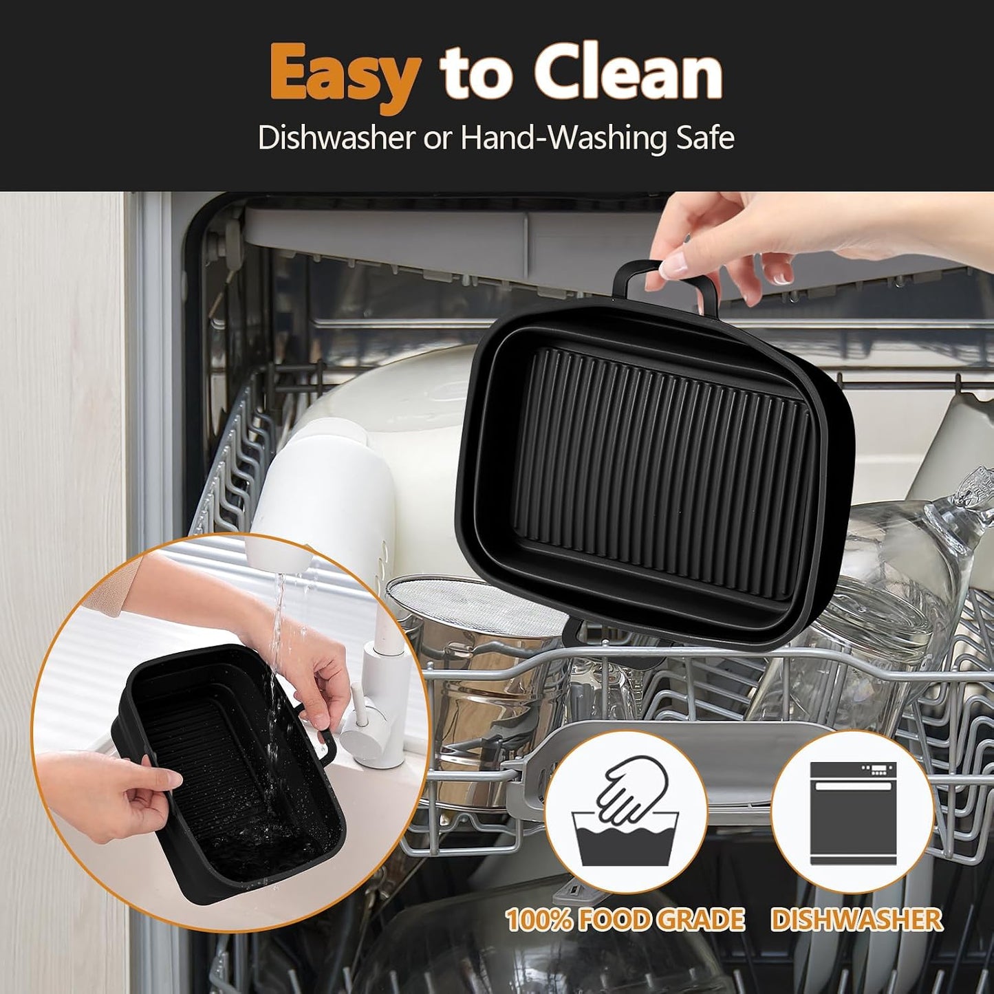 Collapsible Silicone Air Fryer Liners 8QT 10QT Ninja Dual (Gray) | 2 Pack Food Grade Platinum Silicone, Snug Rectangular Fit, Grease Drainage Ridges, Dishwasher Safe, BPA Free Basket Liner
