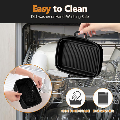 Collapsible Silicone Air Fryer Liners 8QT 10QT Ninja Dual (Gray) | 2 Pack Food Grade Platinum Silicone, Snug Rectangular Fit, Grease Drainage Ridges, Dishwasher Safe, BPA Free Basket Liner