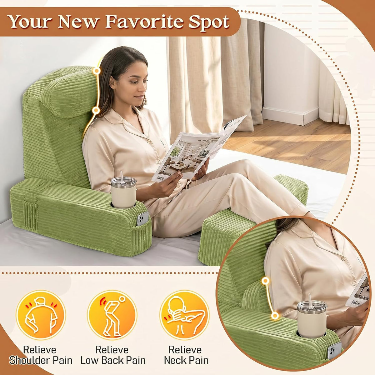 Reading Pillow/Backrest Pillow with Arms, Cup Holder & Phone Pocket