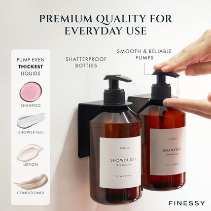 FINESSY Amber Shampoo and Conditioner Dispenser for Shower Wall No Drill | 3 Plastic 17oz Fillable Shower Bottles With Labels. Shower Shampoo Dispenser Wall Mounted. Airbnb Empty Soap Pump Bottles.