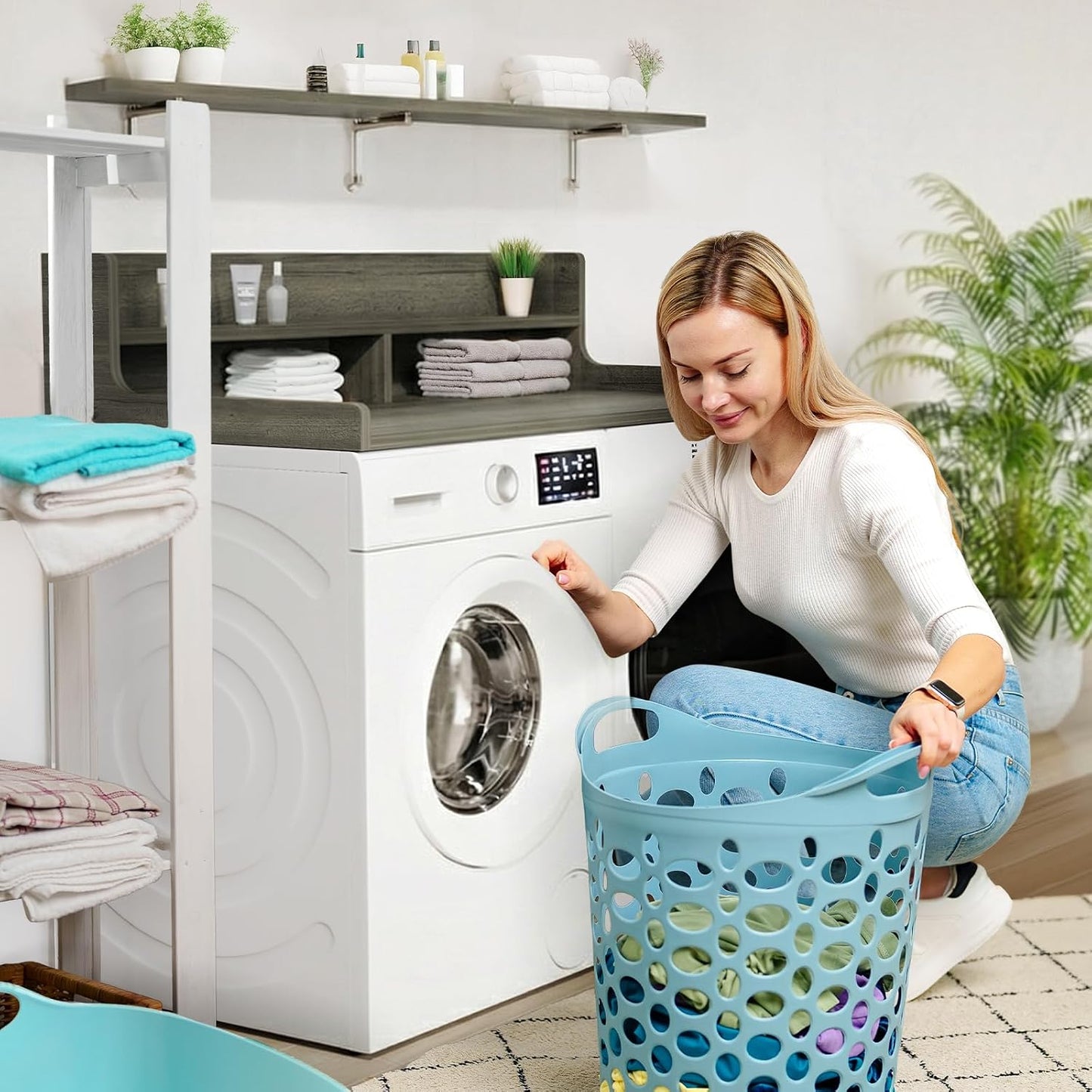 Washer Dryer Countertop, 54" x 27.55" 2-Tier Washer Dryer Topper with Edge, for Laundry Room Organization Oak