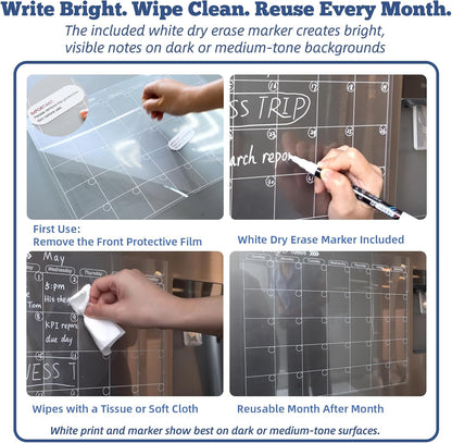Clear Non-Magnetic Calendar Set for Fridge - Dry Erase Transparent Monthly and Weekly Calendar, List and Blank Whiteboard - Sticks to Wall, Glass, Door, Any Smooth Surfaces