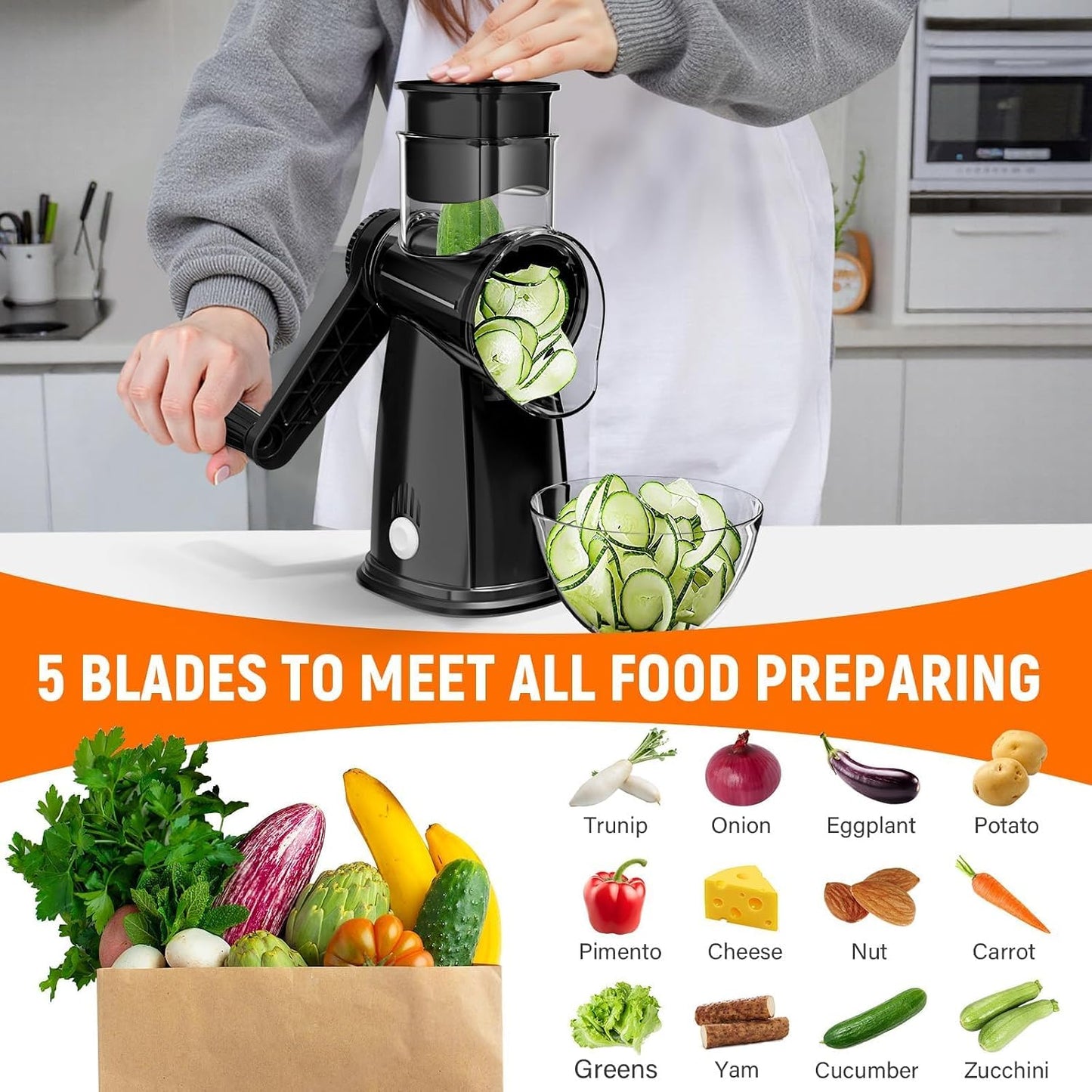 Rotary Cheese Grater Hand Crank with 5 Interchangeable Blades, Vegetable Slicer Chopper for Fruit Vegetable Nuts, Mandoline Slicer for Kitchen with Blades Rack & Suction Base, White
