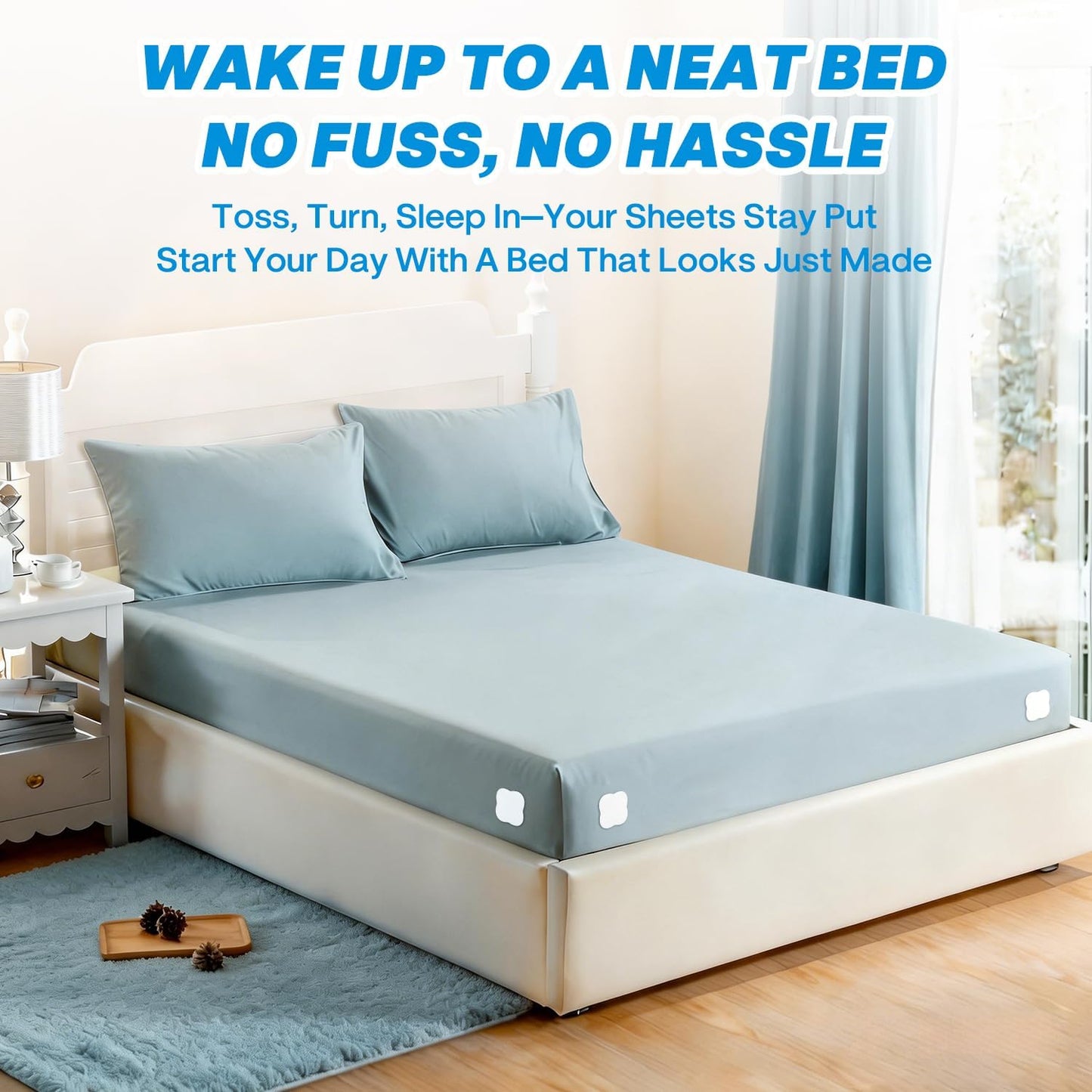 Bed Sheet Holders for Corners - Fitted Sheet Clips with Heavy - Duty Bed Sheet Grippers, Universal Bed Lock Sheet Straps to Stop Slipping, Includes Cloud Sleep Mask & Noise-Canceling Earplugs