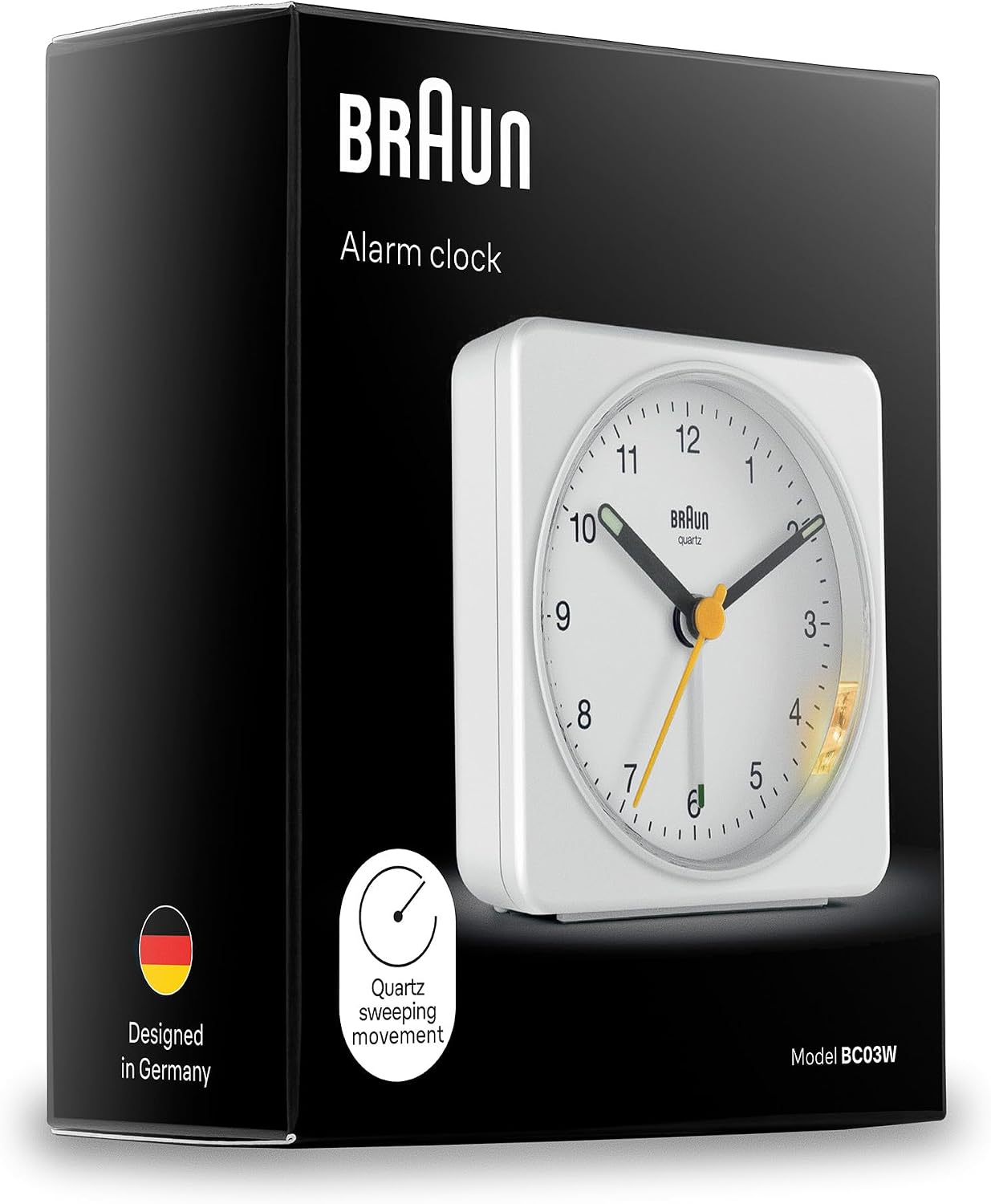 Braun Classic Analogue Alarm Clock with Snooze and Light, Quiet Quartz Sweeping Movement, Crescendo Beep Alarm in White, Model BC03W.