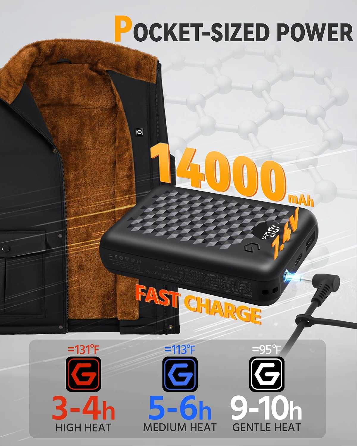 Wulcea Graphene Heated Vest Fleece For Men 7.4V Fast Charge Large Capacity Battery