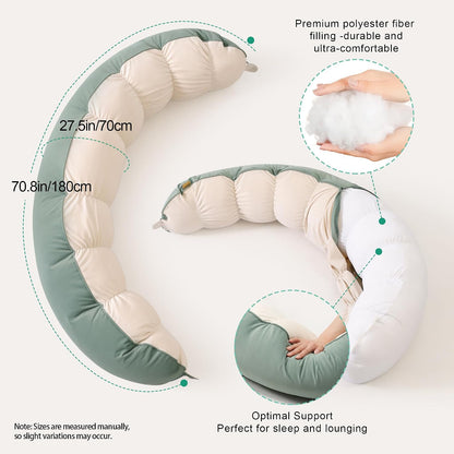 Peallow(Pat. Pend) – Long Round Body Pillow for Adults, Bolster Pillow for Sleeping, Soft and Supportive Pillow for Sleeping & Lumbar Support (Green-White, 29.5")