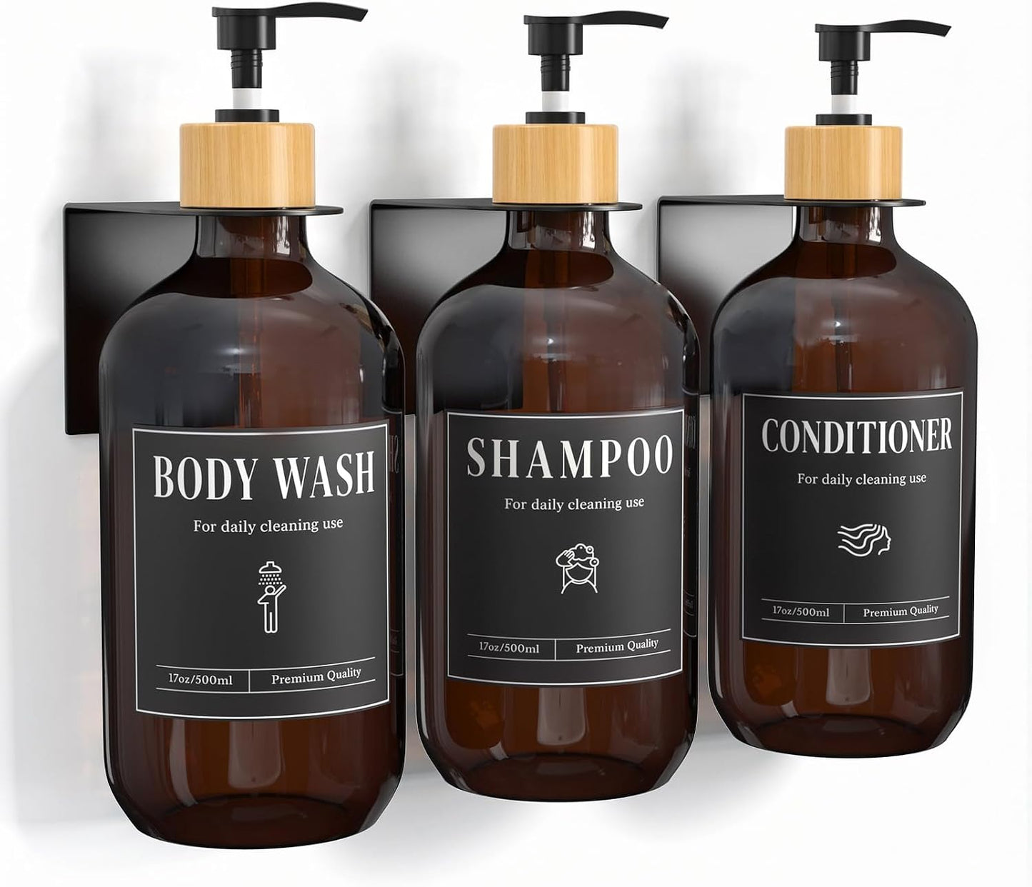 Luxspire 17oz Shampoo and Conditioner Dispenser 3 Sets for Bathroom, Black | Matte PET bottle, no-drill stainless bracket, detachable pump, dual wall/counter install with classification stickers
