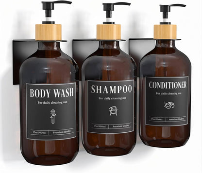 Luxspire 17oz Shampoo and Conditioner Dispenser 3 Sets for Bathroom, Black | Matte PET bottle, no-drill stainless bracket, detachable pump, dual wall/counter install with classification stickers