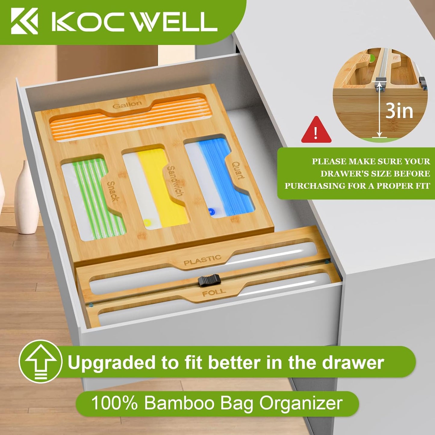 KOCWELL Bag Organizer and Plastic Wrap Dispenser with Cutter, 6 In 1 Bamboo Foil and Plastic Wrap Organizer for Kitchen Drawer, Food Storage Bag Organizer for Gallon,Quart,Sandwich,Snack(Yellow)