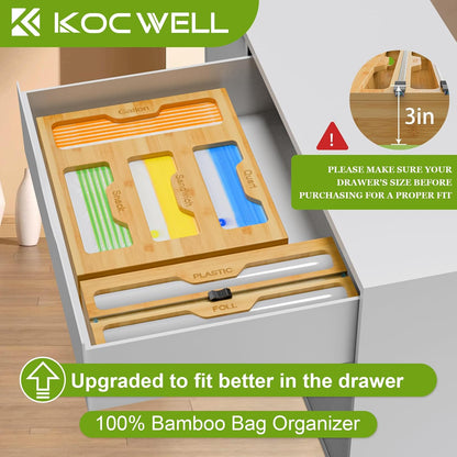 KOCWELL Bag Organizer and Plastic Wrap Dispenser with Cutter, 6 In 1 Bamboo Foil and Plastic Wrap Organizer for Kitchen Drawer, Food Storage Bag Organizer for Gallon,Quart,Sandwich,Snack(Yellow)