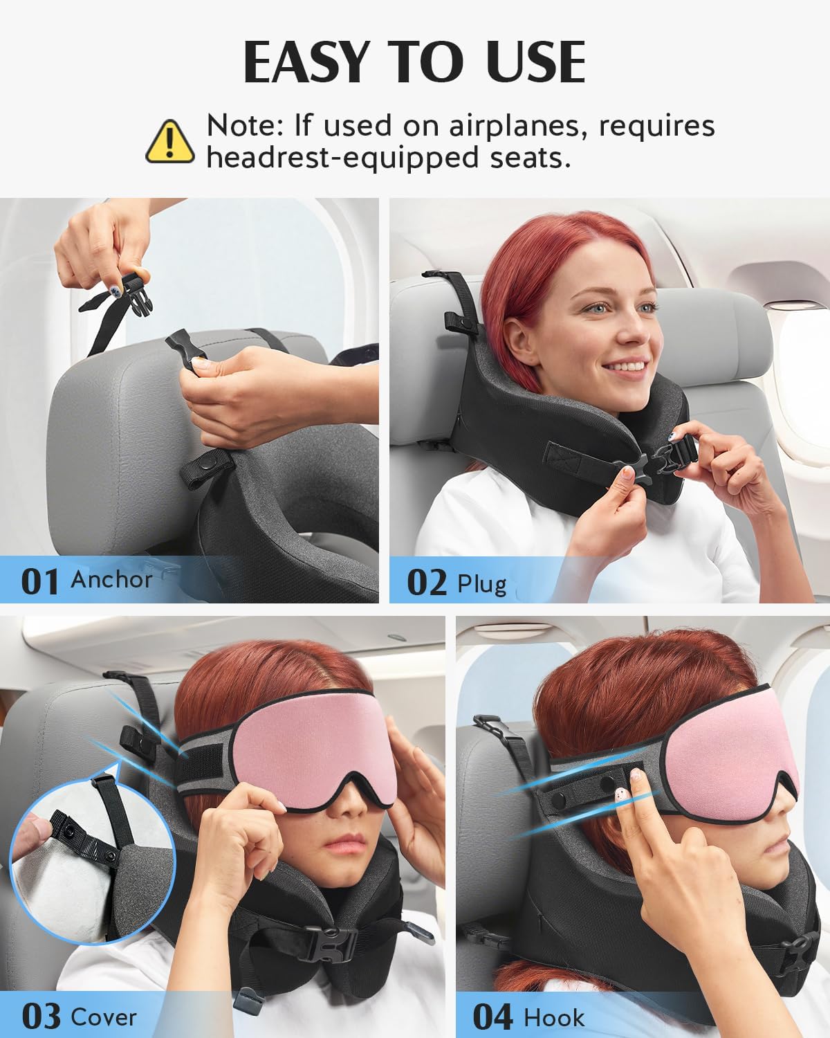 YFONG Travel Pillow with Head Support & Sleep Mask for Long Flights, Black | Patented 360° Support System, Prevents Bobbing, Airplane Head Strap, 3D Eye Mask, Memory Foam Neck Pillow, Travel Essential