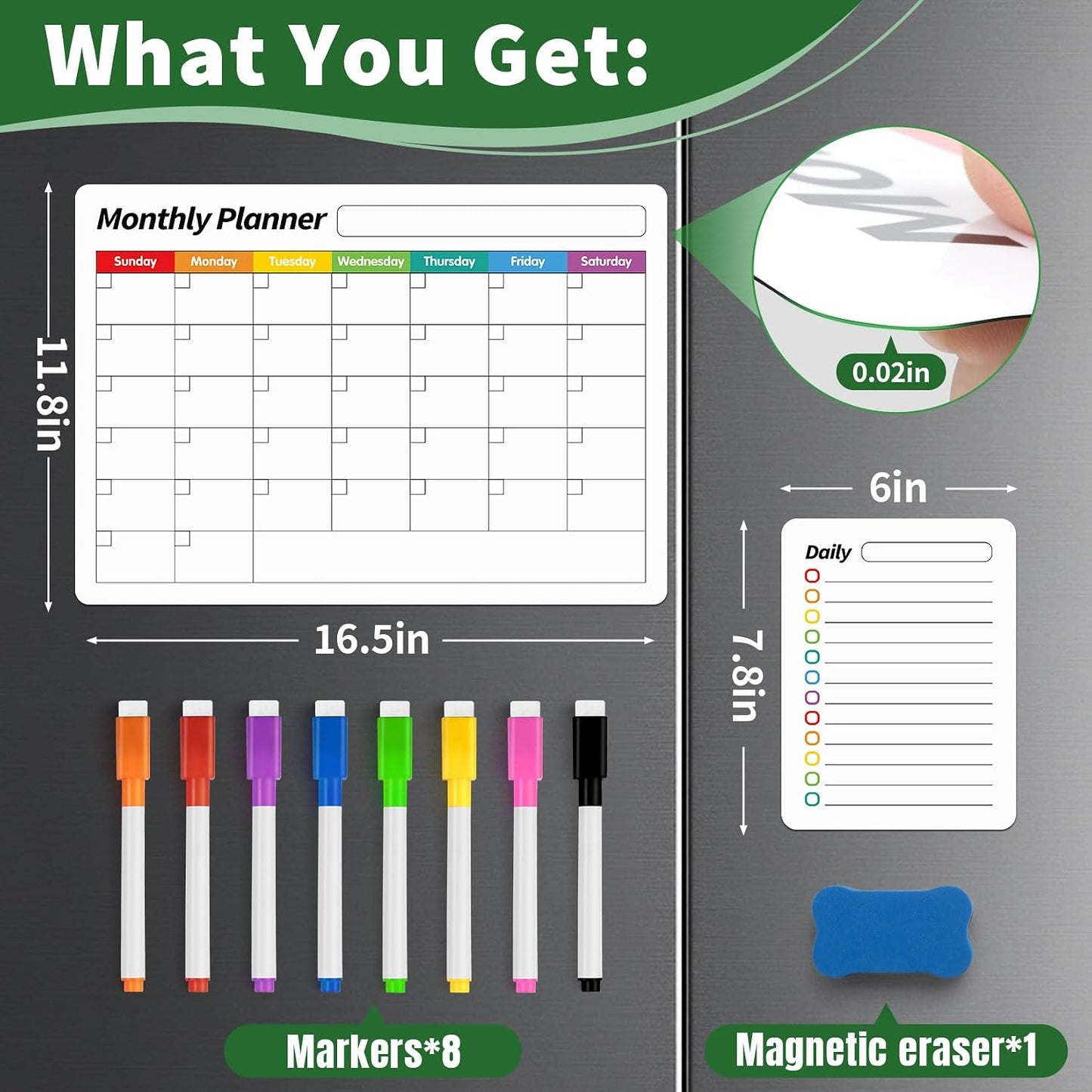 FINDMAG 4 Pack Fridge Calendar, Magnetic Calendar for Dry Erase, Black | Magnetic Dry Erase Board, Monthly Calendar for Fridge with 8 Markers & Eraser