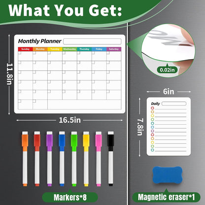 FINDMAG 4 Pack Fridge Calendar, Magnetic Calendar for Dry Erase, Black | Magnetic Dry Erase Board, Monthly Calendar for Fridge with 8 Markers & Eraser