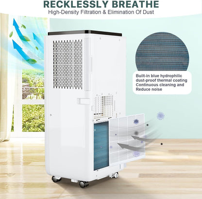 10000 BTU Portable Air Conditioner, 3 In1 Cooling Dehumidifier Fan, Quiet Fast Cooling, 4 Way Swing, LED Display, Remote, 24H Timer, 360° Wheels, Window Kit, Cools Rooms Up to 450 Sq.ft