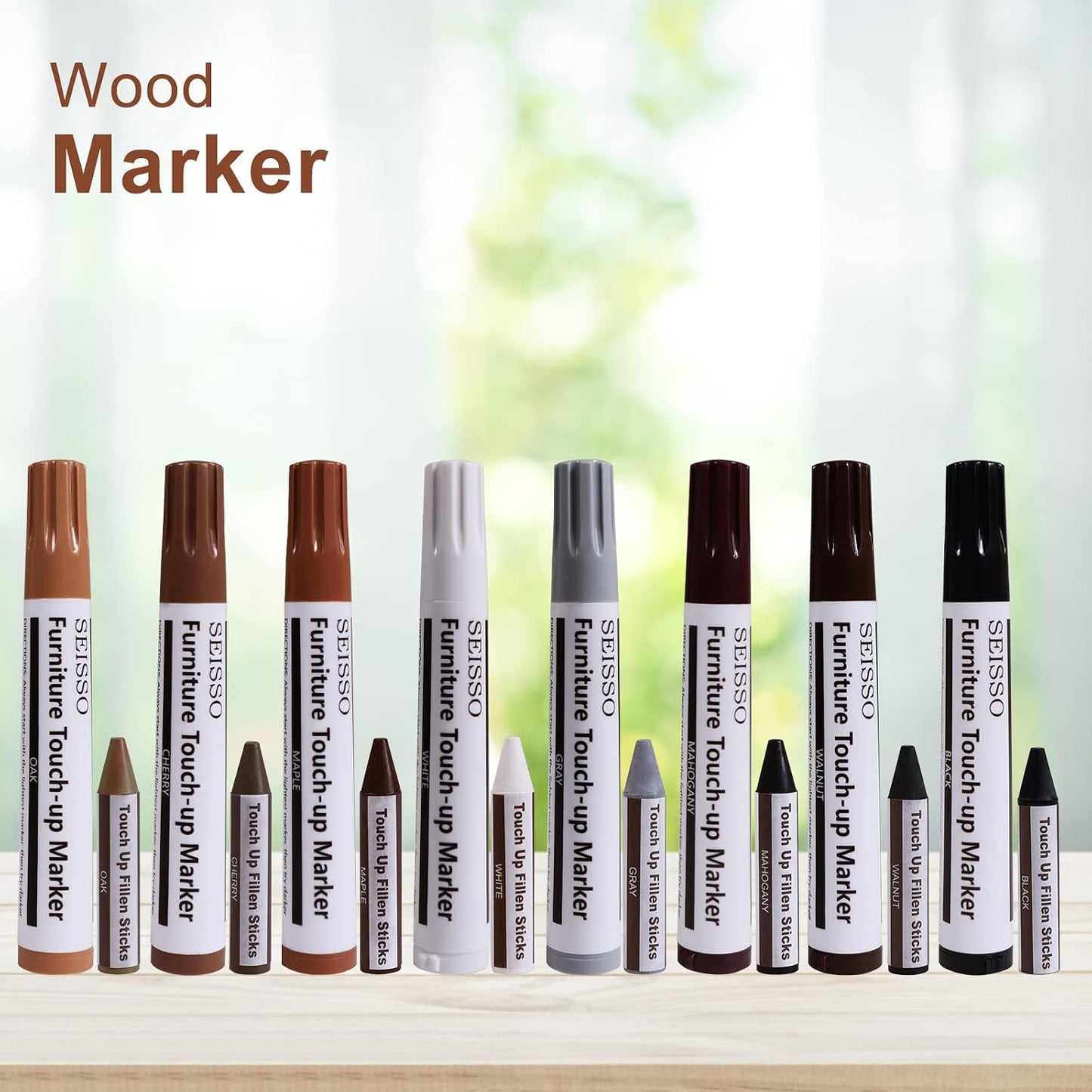 SEISSO Furniture Repair Kit - Set of 42 - Wood Repair Kit Wood Fillers, Furniture Scratch Repair Markers and Wax Sticks with Scraper, Brushes, for Scratches, Stains, Wood Floor, Laminate, Cabinet