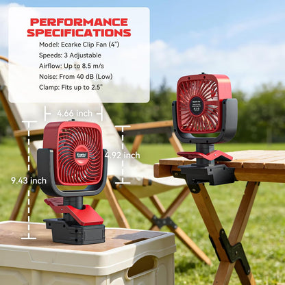 Ecarke 4" Clip Fan Compatible with Milwaukee 18V Battery (Tool Only) 3-Speed Cordless Clip-On Fan with 360° Rotation Low Noise Portable Desk Fan for Camping Jobsite Tent Fishing Outdoor