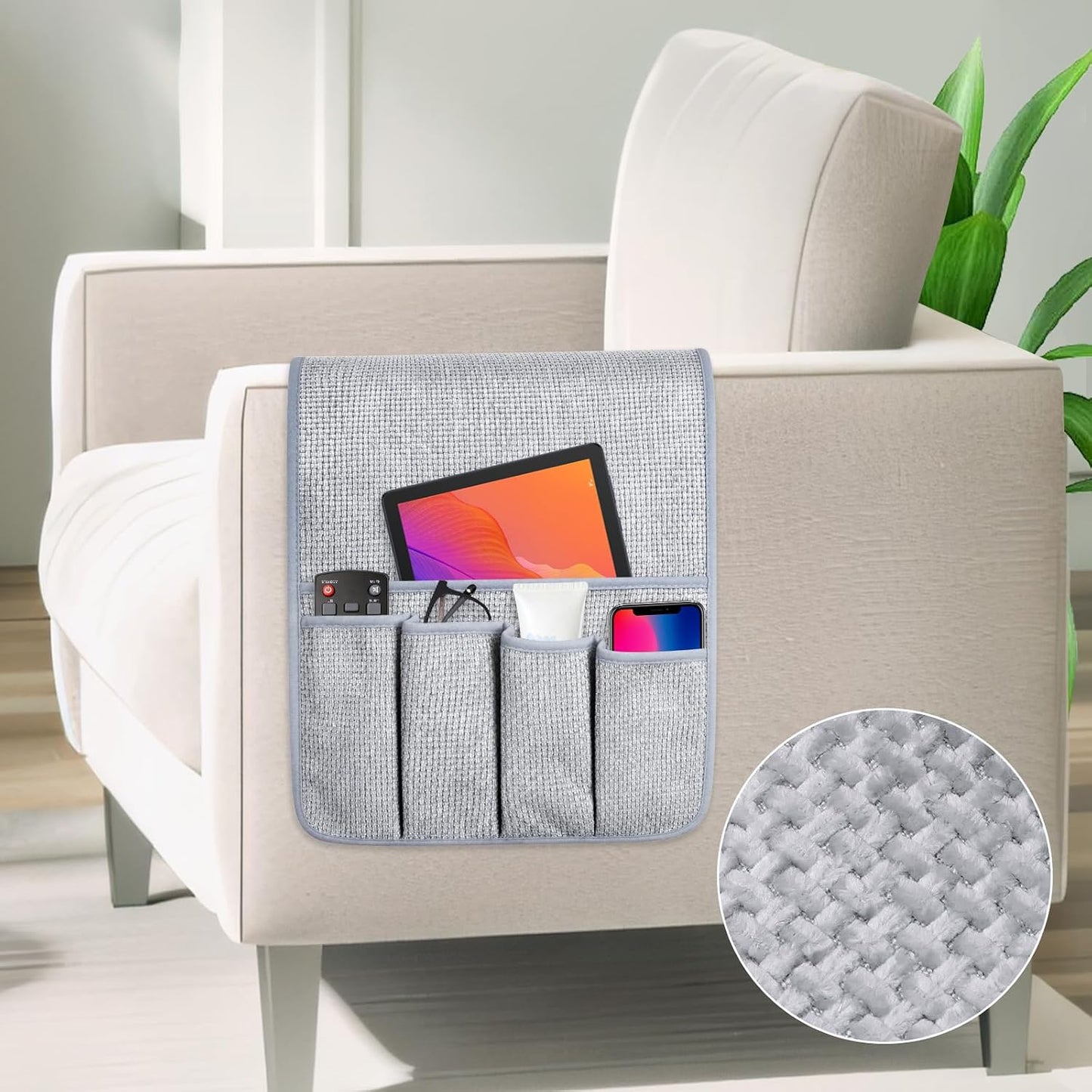 Remote Control Holder Couch Caddy, Armchair Caddy for Recliner 5 Pockets | TV Remote Holder Couch Armrest for Bed Storage with 5 Pockets, Remote Caddy Bedside Table Organizer (Light Gray,35''x13'')