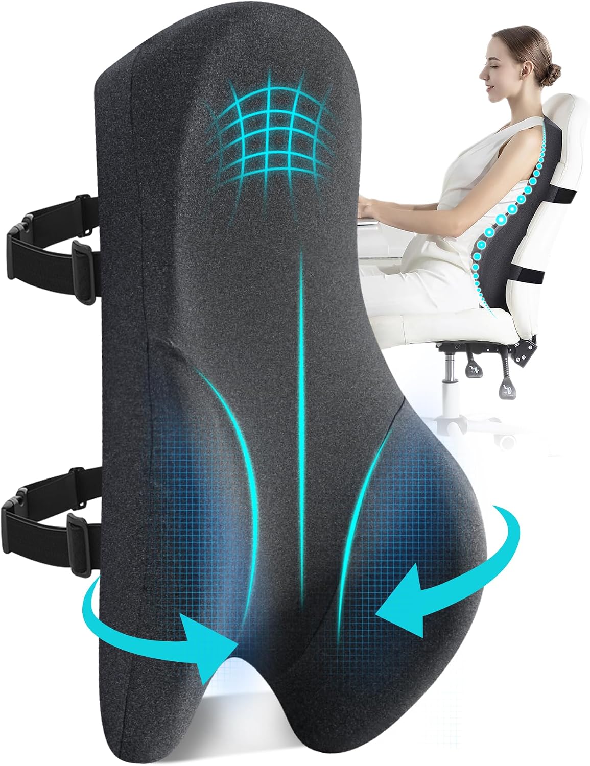 Teemour High Back Support Pillow for Office Chair, Fully Support Back Cushion - Memory Foam Lumbar Support Pillow for Office Chair, Desk, Gaming Chair, Promotes Posture Pain Relief Adjustable Straps
