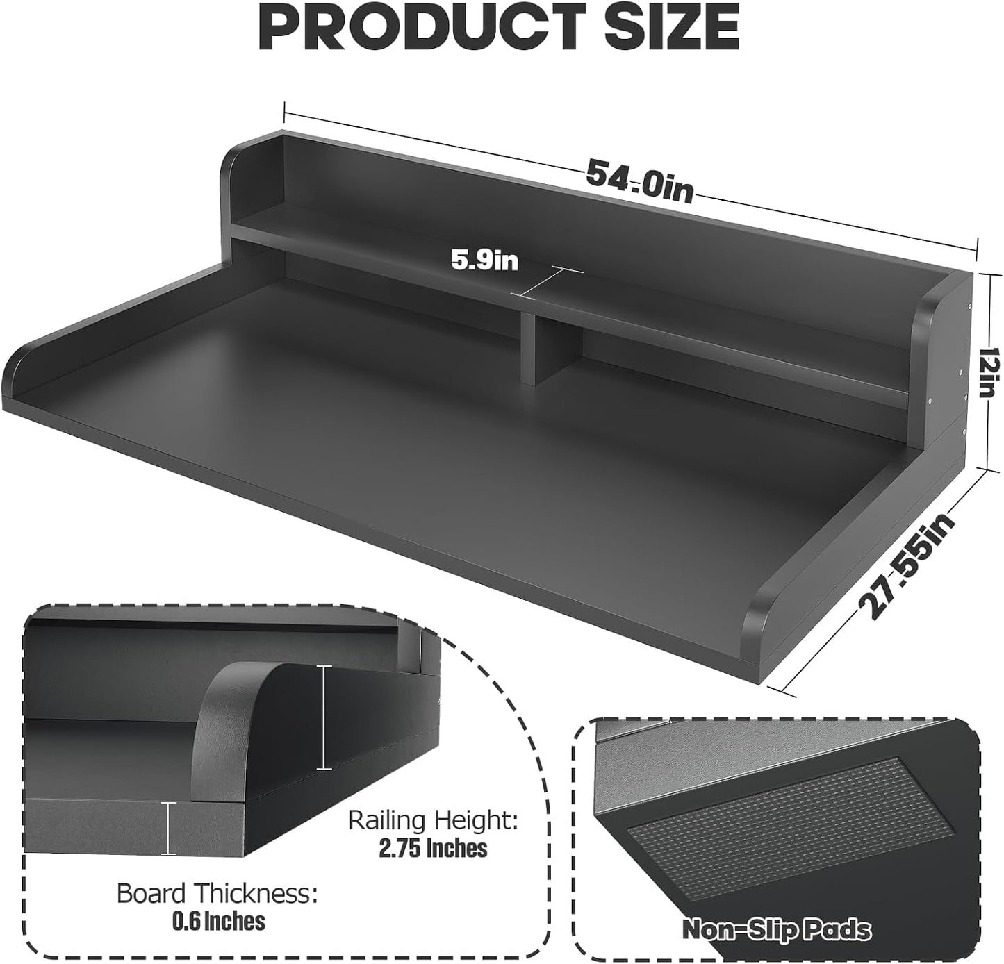 2-Tier Washer Dryer Countertop with 2.75" H Edge Rails, 54" W x 27.55" D Laundry Countertop for Folding Clothes, Washer and Dryer Topper with Non-Slip Pad (Dark Walnut)