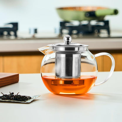 Baalaka Glass Teapot 18.6oz/550ml, Tea Pot with Removable Infusers for Loose Tea, Borosilicate Glass Tea Kettle Tea Maker Stovetop for Camping, Tea Infuser for Loose Leaf Tea Travel | Borosilicate glass tea kettle with infuser; steel strainer for loose