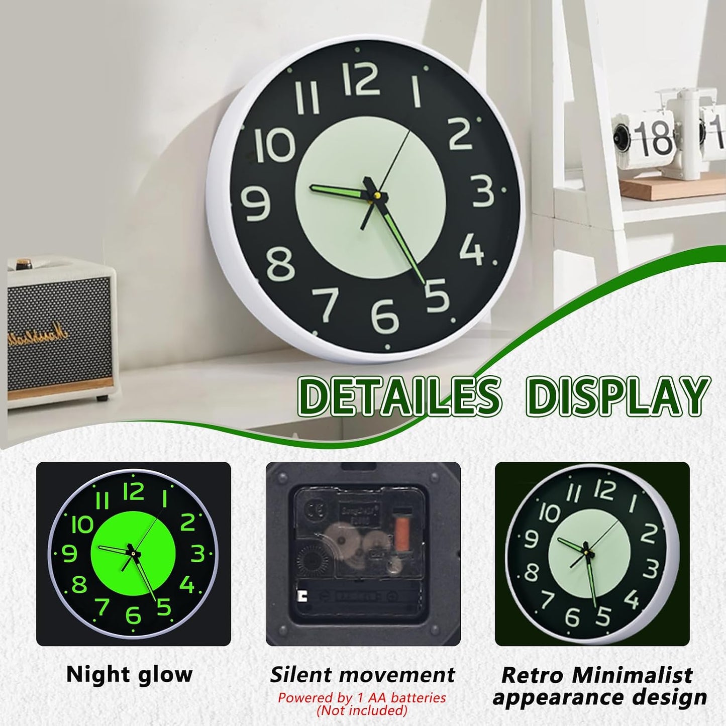 12'' Glow in the Dark Wall Clock,Silent & Easy to Read | Battery Operated Non-Ticking Easy to Install Analog Wall Clocks for Living Room Kitchen Office Bedroom