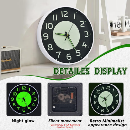 12'' Glow in the Dark Wall Clock,Silent & Easy to Read | Battery Operated Non-Ticking Easy to Install Analog Wall Clocks for Living Room Kitchen Office Bedroom