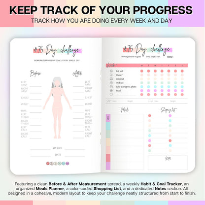 75 Day Challenge Tracker Notebook A5 | Colourful 75 Day Fitness & Habit Journal with Measurement Pages, Weekly Goal & Habit Tracker, Meal Planner, Bonus Pull-Out Poster, 120gsm Paper