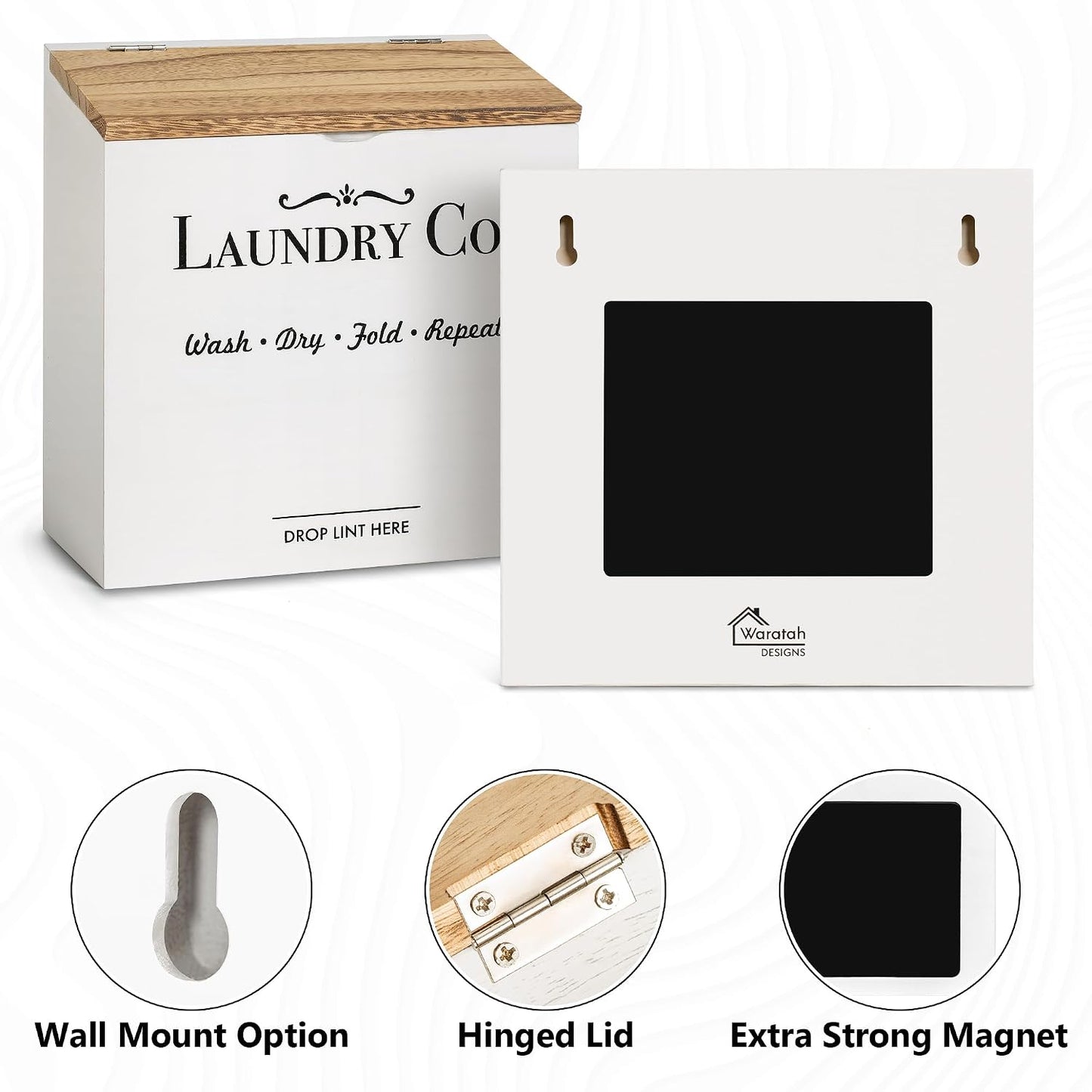 Magnetic Lint Bin for Laundry Room | Dryer Lint Bin with Lid, Wooden Lint Holder, Rustic Lint Box, Modern Farmhouse Laundry Room Decor, White