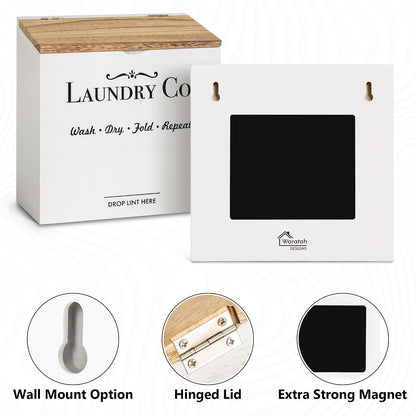Magnetic Lint Bin for Laundry Room | Dryer Lint Bin with Lid, Wooden Lint Holder, Rustic Lint Box, Modern Farmhouse Laundry Room Decor, White
