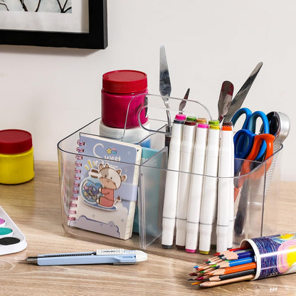Multiuse Caddy Organizer with Handle, Portable Divided Plastic Tote Bin - Art Craft, Stationary Pen Marker Crayons, Makeup Hair Supplies Storage - Bathroom, Classroom, Dorm, Office, Desk Holder - Grey