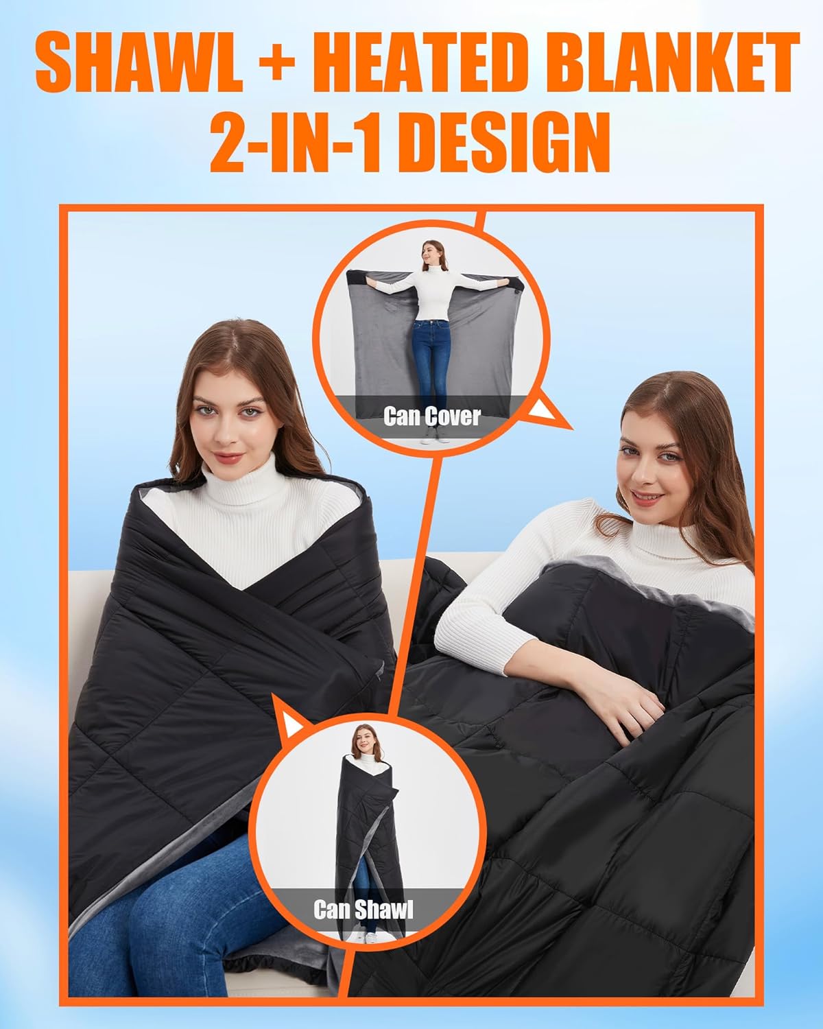 20000mAh Large Heated Blanket Battery Powered, 7.4V Battery Portable Cordless Throw Electric Rechargeable Heating Blankets (Black+20000mAh Battery, 63x55in Adult Size)