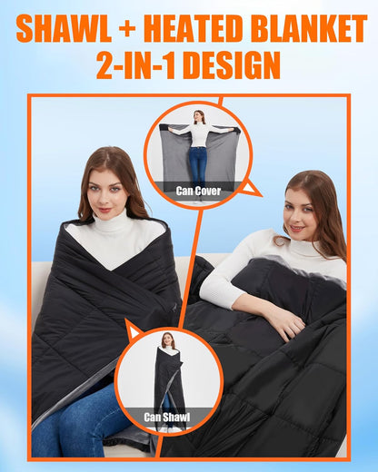20000mAh Large Heated Blanket Battery Powered, 7.4V Battery Portable Cordless Throw Electric Rechargeable Heating Blankets (Black+20000mAh Battery, 63x55in Adult Size)