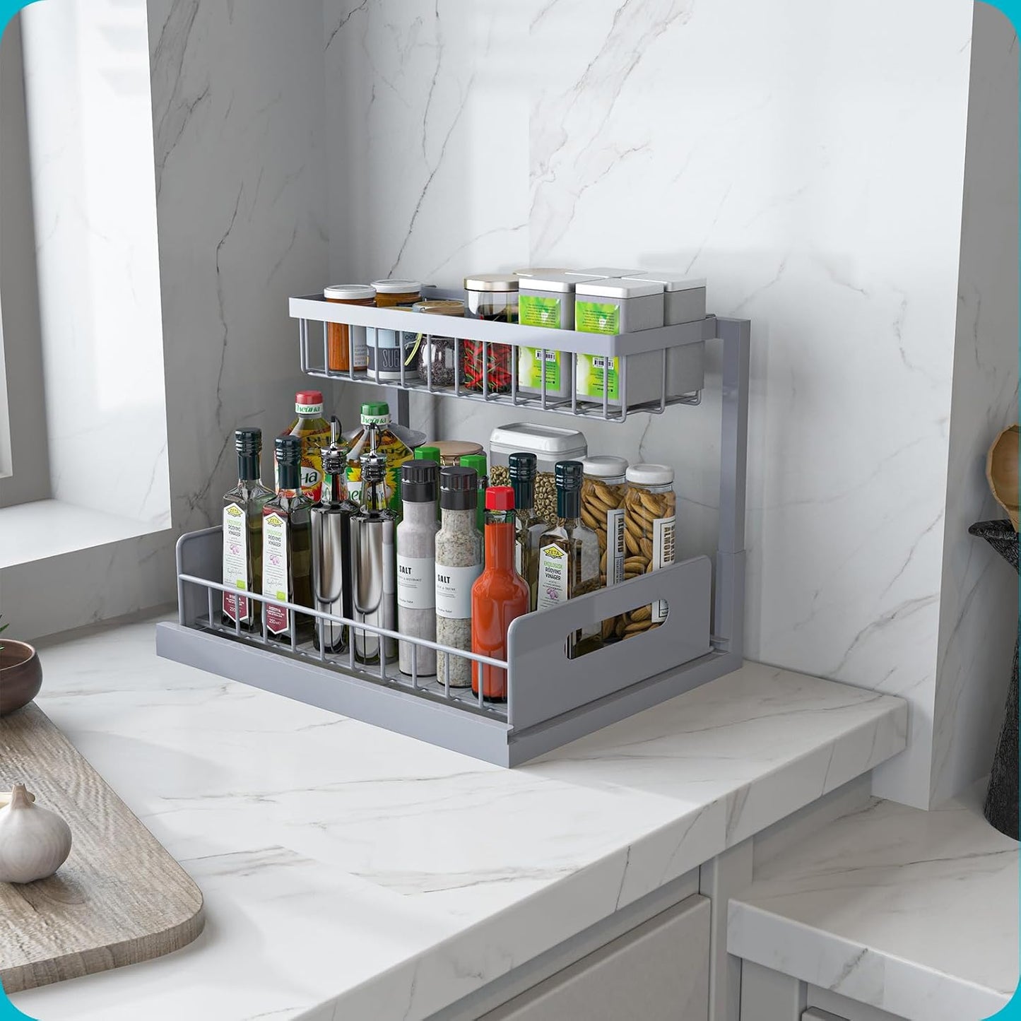 Under Sink Organizer, L-Shaped 2 Tier Pull Out Cabinet Organizer | Slide Out Sink Shelf Cabinet Storage Shelves, Under Sink Storage for Kitchen Bathroom Cabinet, White, 1 Pack
