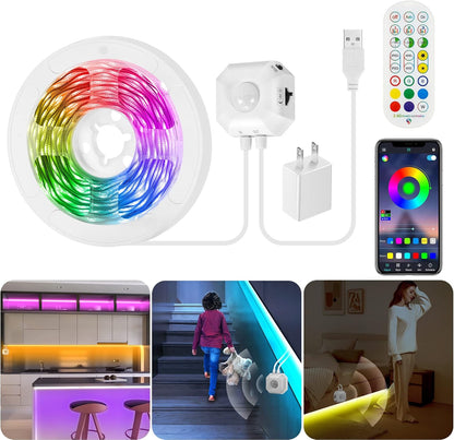 9.8Ft RGB LED Strip Lights, Motion Sensor Under Bed Lights, Indoor Usage, USB Powered, 3 Modes, App Control, RF Remote, SMD5050, for Bedroom, Kitchen, Stairs | Color Changing Motion Activated LED Strip Night Lighting,Music sync,Auto on/Off,USB Powered