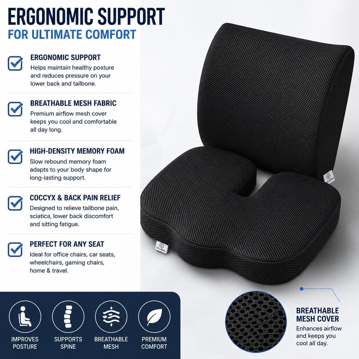 2-in-1 Memory Foam Seat Cushion & Lumbar Support Set | Ergonomic Office Chair Cushion for Tailbone, Sciatica & Help Back Pain Relief | Non-Slip Coccyx Pad, Washable Cover, Adjustable Strap