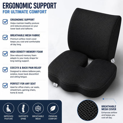 2-in-1 Memory Foam Seat Cushion & Lumbar Support Set | Ergonomic Office Chair Cushion for Tailbone, Sciatica & Help Back Pain Relief | Non-Slip Coccyx Pad, Washable Cover, Adjustable Strap