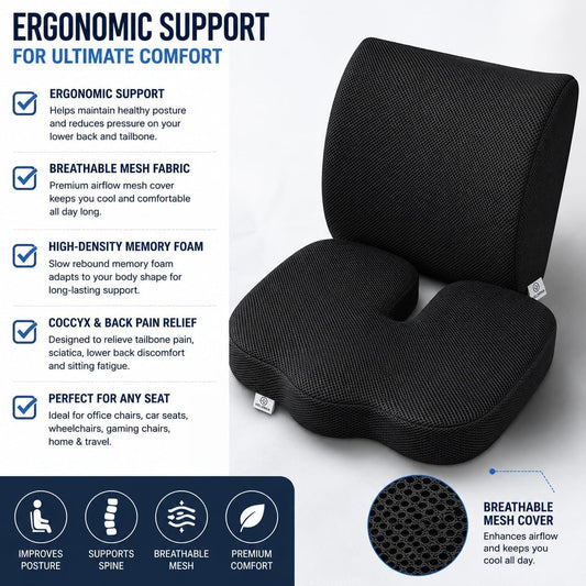 2-in-1 Memory Foam Seat Cushion & Lumbar Support Set | Ergonomic Office Chair Cushion for Tailbone, Sciatica & Help Back Pain Relief | Non-Slip Coccyx Pad, Washable Cover, Adjustable Strap