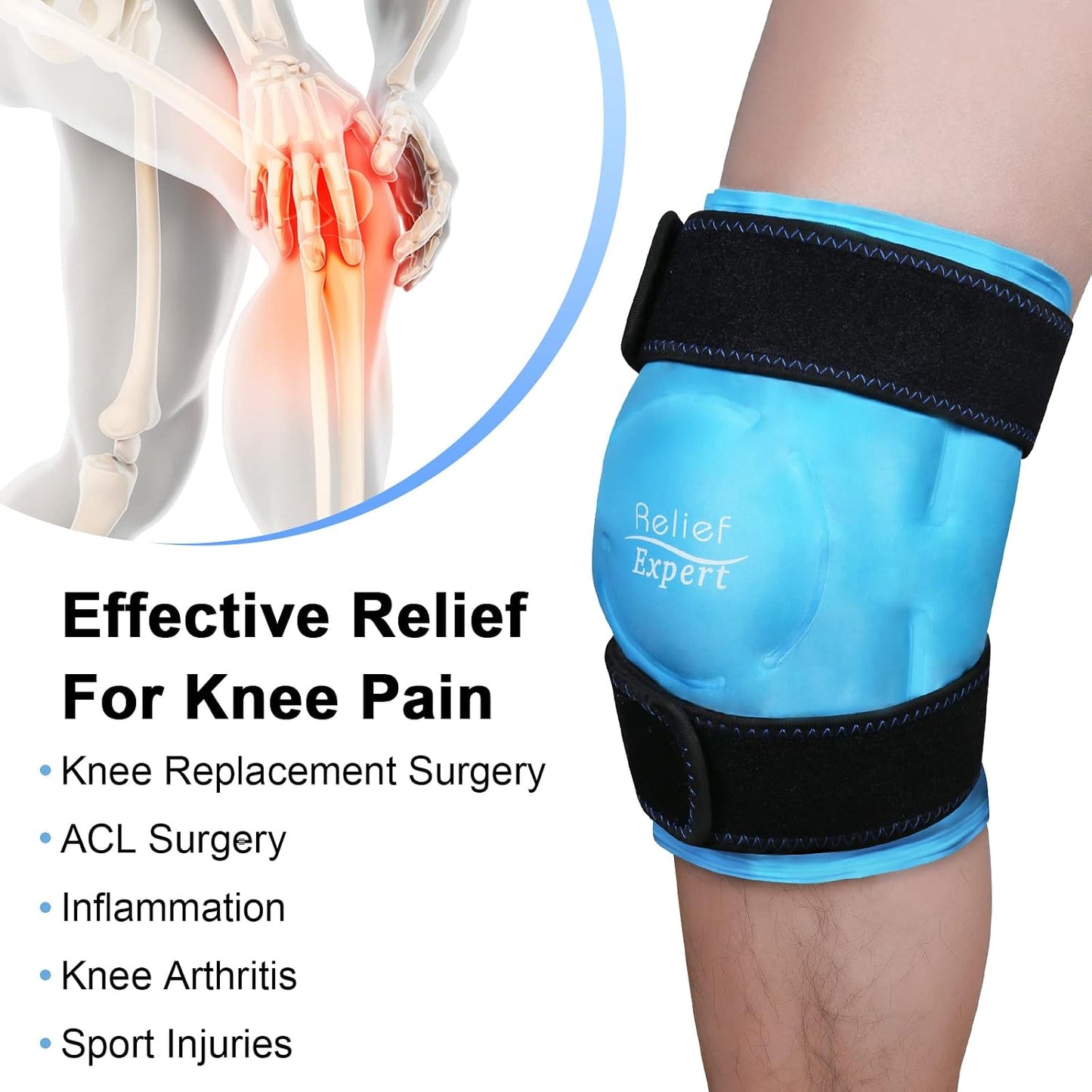 Relief Expert Knee Ice Pack Wrap Around Entire Knee, Large Ice Pack for Leg Soothing Discomfort, Reusable Ice Wraps with Cold Compress for Musclar Relaxation, Post-Workout Recovery,XL