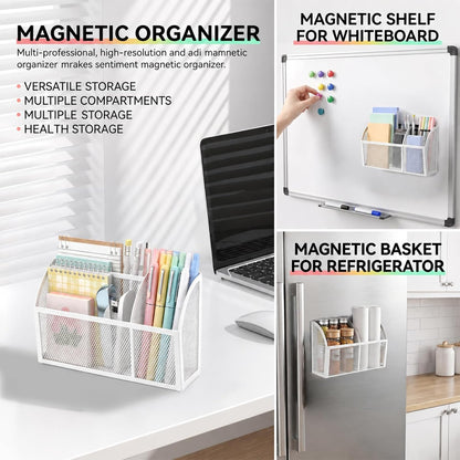 Magnetic Pencil Holder, Magnetic Organizer for Locker Accessories, Black | Mesh Marker Holder with Strong Magnets and 3 Compartments for Whiteboards Refrigerators and Magnetic Lockers