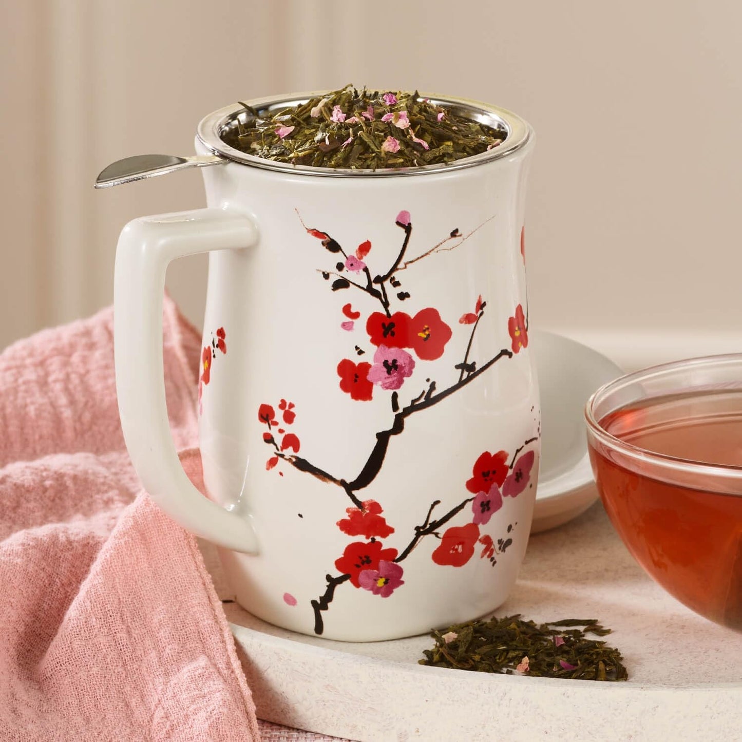Tea Forte Ceramic Fiore Tea Cup with Infuser, Blue Agave, 14 oz | Insulated Ceramic - Stainless Steel Loose Leaf Infuser - Keeps Tea Hot Longer - Lid Included - Microwave & Dishwasher Safe